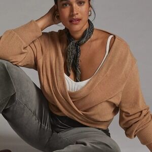 Anthropologie Twist-Front Knit Top Large Tan Long Sleeve Casual Soft Sweater